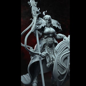 May include: A gray 3D printed miniature of a female warrior figure holding a spear and shield. The figure is wearing armor and a flowing cloak.