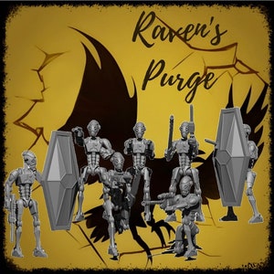May include: A group of seven gray, plastic, miniature figures of humanoid robots with weapons and shields. The figures are posed in a battle formation. The background is a yellow and black graphic with the text "Raven's Purge".