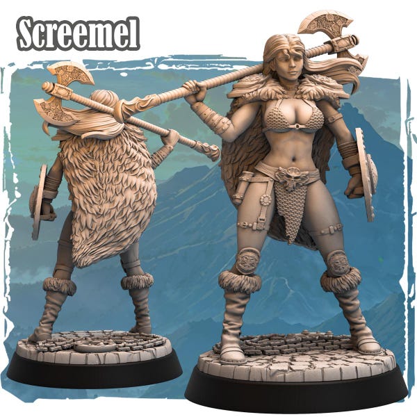May include: A detailed, light brown figurine of a female warrior holding a double-bladed axe. She wears a fur-lined cape, bikini top, and skirt, with a shield on her left arm. The figurine is on a circular base with the word "Screemel" in the top left corner.