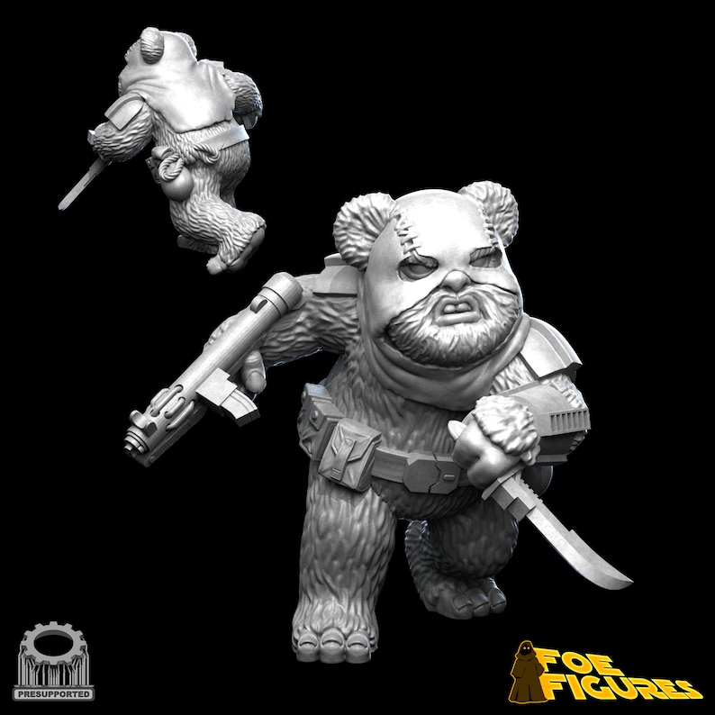 May include: A gray, 3D printed miniature of a furry creature wearing a mask and holding a weapon. The creature has a stitched-up face and a menacing expression. The miniature is part of a set of fantasy figures.