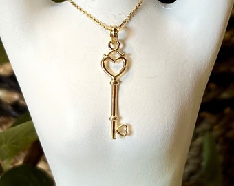 14K Solid Gold Heart Key Pendant