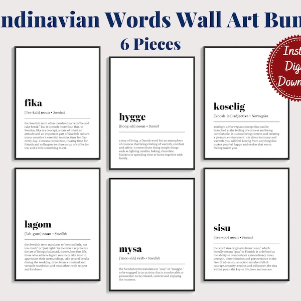 Scandinavian Words Definition Wall Art Bundle in Multiple Colors | Definition Art Print | Beautiful Words | Scandinavian Word Meanings