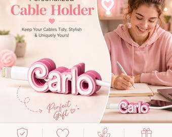 Personalized Name Cable Holder, 3D Printed Desk Organizer, Christmas Tech Gift