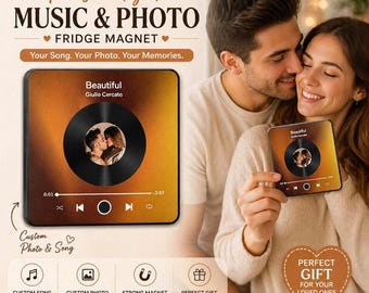 May include: A personalized fridge magnet featuring a photo and song. The magnet has a square shape with a vinyl record design in the center. The text "Personalized Music & Photo Fridge Magnet" is at the top. The magnet is held by a couple.