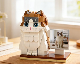 Custom Cat Brick Figure From Photo, Full Body Pet Model With Matching Photo Frame