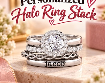 Personalized Halo Ring Stack, Custom Name Band, Promise Engagement Set