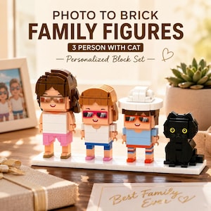 Könnte beinhalten: Ein personalisiertes Block-Set mit drei Figuren und einer schwarzen Katze. Die Figuren sind aus Blöcken konstruiert, tragen Sonnenbrillen und sind in verschiedenen Outfits gekleidet. Der Text auf dem Bild lautet "PHOTO TO BRICK FAMILY FIGURES 3 PERSON WITH CAT - Personalized Block Set - Best Family Ever."
