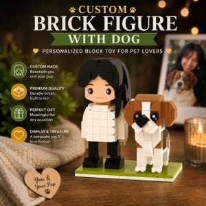 May include: A custom brick figure of a person and a dog, personalized for pet lovers. The figure is made of white, black, and brown bricks, standing on a green base. The text reads "CUSTOM BRICK FIGURE WITH DOG".