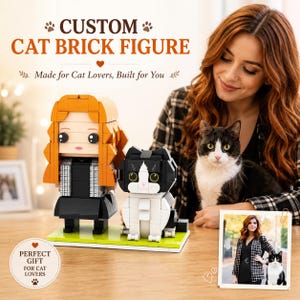 May include: A custom brick figure set featuring a stylized person with long orange hair and a black outfit standing next to a black and white cat figure on a rectangular green base. The text reads CUSTOM CAT BRICK FIGURE and PERFECT GIFT FOR CAT LOVERS.