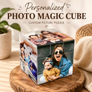 May include: A personalised photo magic cube featuring custom picture puzzle panels. The cube displays various family photographs on its surfaces, including images of children and adults. The text Personalised PHOTO MAGIC CUBE CUSTOM PICTURE PUZZLE is visible above the cube.