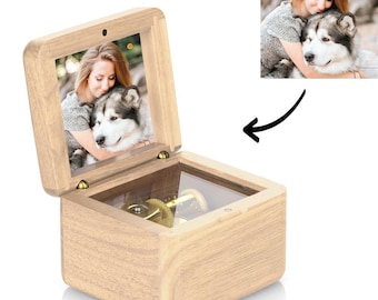 Personalisierte hölzerne Spieluhr, individuelles Foto & Song, Erinnerungsgeschenk