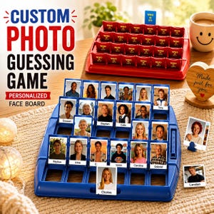 May include: A blue plastic guessing game board featuring rows of flip-up cards with individual portraits and names, accompanied by a red game board with red flip-up cards labelled Who Is It, and separate portrait cards for Landon and a person named Charles.