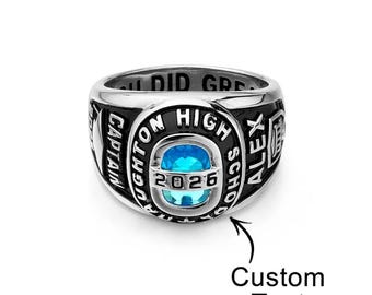 Bague classe avec pierre de naissance personnalisée, chevalière de remise des diplômes gravée