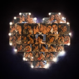 Arte de parede com lâmpada de foto de coração personalizada, decoração de álbum de LED personalizada, presente exclusivo de dia dos namorados para o amante, foto e nome personalizáveis