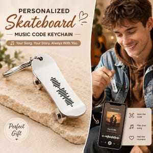 Personalized Skateboard Keychain: Scannable Music Code, Engraved Keyring