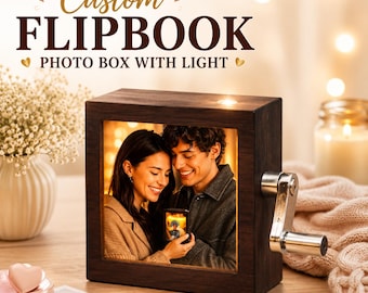Custom Flipbook Photo Box with Light: Wooden Hand-Crank Album, Personalized Memory Gift for Couples