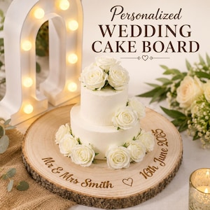 Personalized Wedding Cake Board, Engraved Wood Slice Stand, Rustic Cake Display