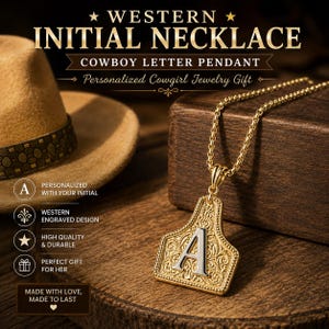 May include: A gold-colored western initial necklace with the letter "A" in a silver color. The necklace has a decorative engraved design and is on a gold chain. The image also includes a cowboy hat and text that reads "Western Initial Necklace."