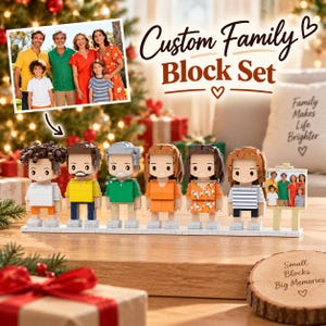 Set di blocchi da costruzione personalizzati per famiglie, composto da sei minifigure e un supporto per esporre le foto.
