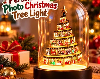 Personalized Photo Christmas Tree Light, Family Film Strip Lamp, Engraved Wood Base