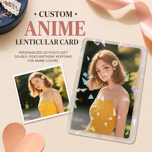 May include: A rectangular lenticular card featuring an anime-style illustration of a person with shoulder-length brown hair and a white daisy, wearing a yellow top. The card displays the text CUSTOM ANIME LENTICULAR CARD PERSONALIZED 3D PHOTO GIFT DOUBLE-SIDED BIRTHDAY KEEPSAKE FOR ANIME LOVERS.