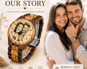 Personalized Wood Wristwatch, Custom Image Dial, 45mm Natural Timepiece