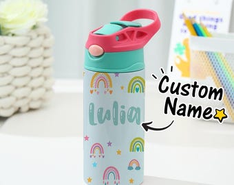 Personalized Rainbow Kids Water Bottle, Stainless Steel Tumbler