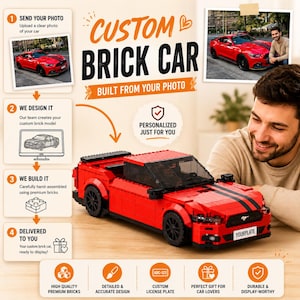 May include: A red brick model car with black racing stripes and black wheels, featuring a license plate that reads YOURPLATE. The image includes text explaining a custom service: CUSTOM BRICK CAR, BUILT FROM YOUR PHOTO, and four steps.