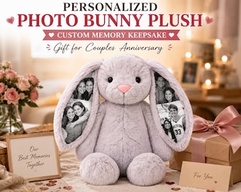 Personalized Photo Bunny Plush, Custom Memory Keepsake. Gift for Couples Anniversary
