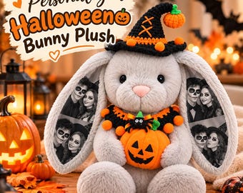 Personalized Halloween Bunny Plush, Custom Photo Ears Rabbit, Pumpkin Witch Hat