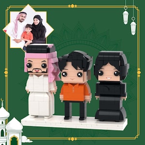 Figuras de ladrillos familiares musulmanes personalizadas: minibloques personalizados para 3 personas, retrato familiar de cuerpo entero, regalo islámico único de recuerdo.