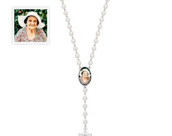 Custom Photo Rosary Beads Necklace, Personalized Cross Memorial Gift, Unique Keepsake Necklace for Women