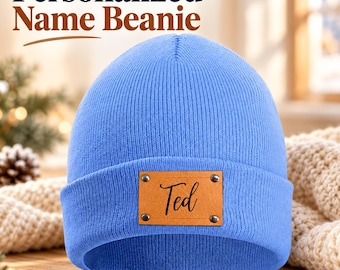 Personalized Name Beanie, PU Patch Winter Hat, Newborn Kids Adult Knit Cap