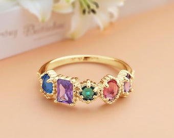 Anillo con dos piedras de nacimiento, anillo familiar personalizado, delicado anillo con detalles milgrain, joyería para madre e hijo.