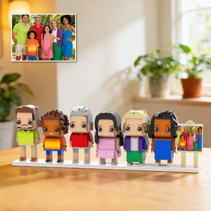 May include: A Lego family set with six block figures of varying skin tones and hairstyles. Each figure wears different clothes, and a small framed picture of a family is included. The set is displayed on a white base.