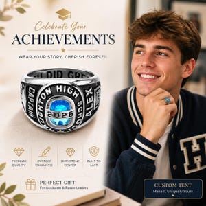 May include: A silver and black class ring with a blue gemstone center, engraved with "HIGHTON HIGH" and "2026". The ring is displayed with the text "Celebrate Your ACHIEVEMENTS" and "PERFECT GIFT".