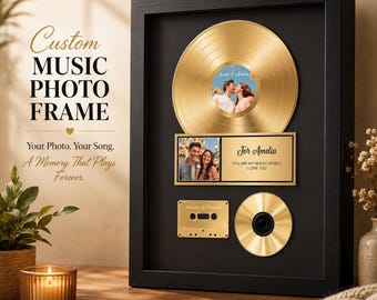 Custom Music Photo Frame, Personalized Song Plaque, Golden Record Wall Decor
