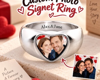 Custom Photo Signet Ring, Heart Picture Band, Personalized Christmas Jewelry