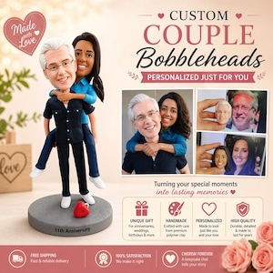 May include: A custom couple bobblehead figurine. The male figure is wearing a dark blue shirt and pants, carrying a woman on his back. The base is gray with "11th Anniversary" text. The image includes text: "Custom Couple Bobbleheads, Personalized Just For You."
