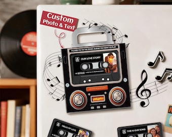 Magnete da frigo personalizzato a tema musicale, lettore di cassette personalizzato, decorazione in acrilico con foto e canzone.
