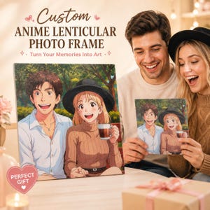 May include: A square custom anime lenticular photo frame featuring a printed illustration of a person in a white shirt and a person in a brown sweater and black hat holding a mug, with the text Custom ANIME LENTICULAR PHOTO FRAME.