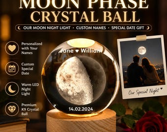 Bola de cristal con fases lunares personalizada, nuestra luz nocturna lunar, regalo con nombre y fecha personalizados
