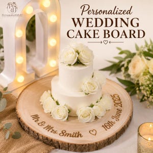 Può includere: Un tagliere rotondo in legno con bordi in corteccia naturale, inciso con il testo 'Mr & Mrs Smith' e '16th June 2025' accanto a un simbolo a forma di cuore. Una torta bianca a due piani decorata con rose bianche fresche poggia sul tagliere.