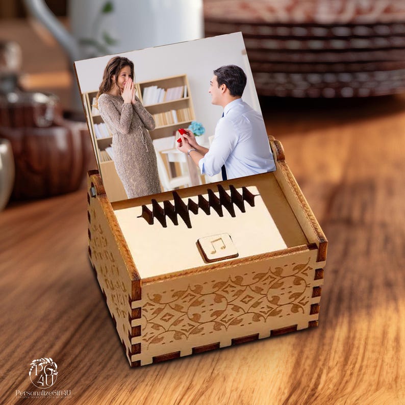 Personalized Wooden Music Box: Custom Song, Photo, and Text