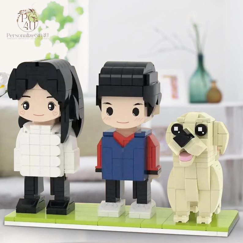 Benutzerdefinierte 2-Personen-Ziegelfiguren mit graviertem Rahmen, personalisiertes Bausteingeschenk 2 Person + 1 Pet