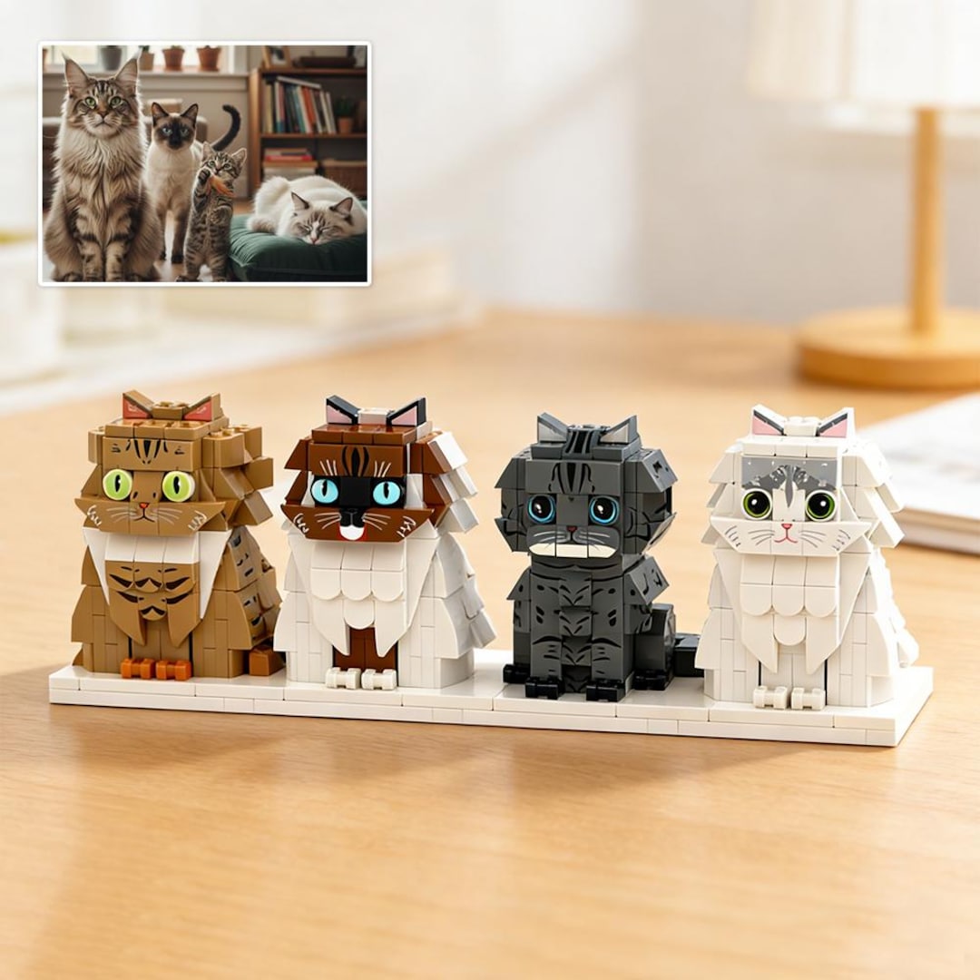 Custom Brick Cat Figures Set of Four, Personalized Block Cats Display ...