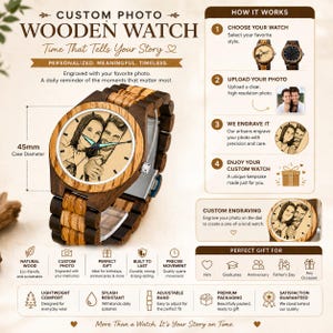 May include: A wooden watch featuring a custom photo on the face. The watch has a 4.5 cm case diameter and a wooden strap. The watch is engraved with a photo and is described as a perfect gift. The text on the watch says "Custom Photo Wooden Watch".