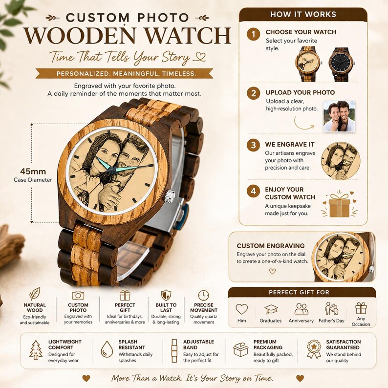 May include: A wooden watch featuring a custom photo on the face. The watch has a 4.5 cm case diameter and a wooden strap. The watch is engraved with a photo and is described as a perfect gift. The text on the watch says "Custom Photo Wooden Watch".