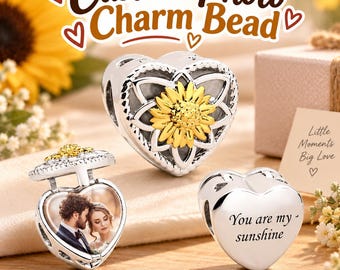 Custom Photo Charm Bead, Sunflower Heart Locket, Personalized Picture Text Keepsake