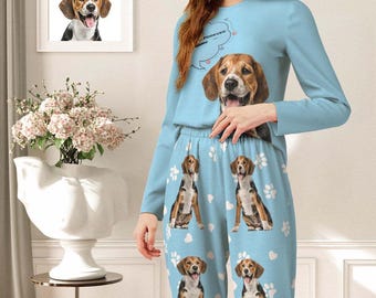 Personalisierter Haustier Foto Pyjama, personalisierter Hunde & Katzen Liebhaber PJs, Rundhals Pyjama Geschenk für Frauen, Benutzerdefinierte Name Nachtwäsche